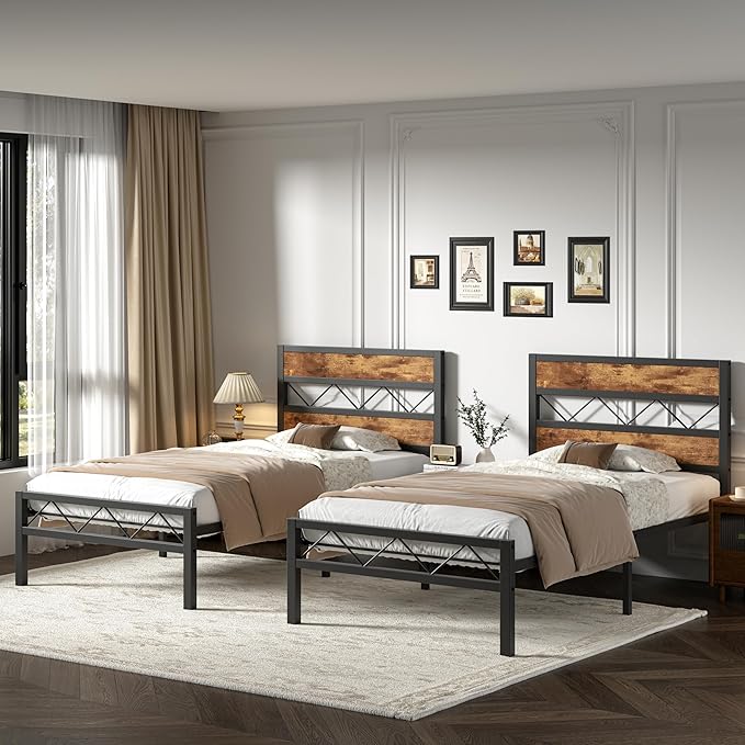 VECELO 2 Twin Bed Frame Set Metal Platform with Wooden Headboard, Heavy-Duty Metal Slats Support, No Box Spring Needed, Non-Slip, Noise Free, Easy Assembly, Black & Brown