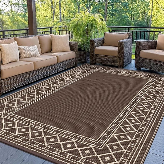 GENIMO Outdoor Rug Waterproof for Patio Decor, 6'x9' Foldable Reversible Plastic Straw Carpet for Travel Trailers, Outside Area Mat for Rv, Deck, Picnic, Porch, Camper, Balcony, Beach, Coffee & Beige