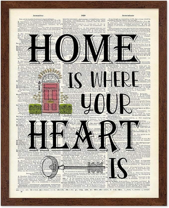 Poster Master Dictionary Art Poster - Home Is Where Your Heart Is Print - Motivational Art - Gift for Men & Women - Inspiring Wall Decor for Dorm, Bedroom or Living Room, 8x10 Brown Framed