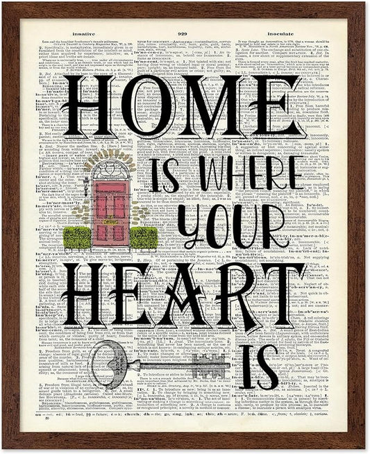 Poster Master Dictionary Art Poster - Home Is Where Your Heart Is Print - Motivational Art - Gift for Men & Women - Inspiring Wall Decor for Dorm, Bedroom or Living Room, 16x20 Brown Framed