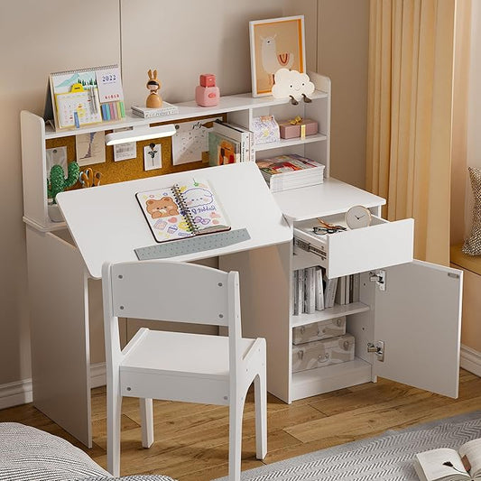 PakaLife Kids Study Desk and Chair Set,ChildrenTable with 3-Color Lights(Not Rechargeable),Tiltable Desktop,Multi Functional for Kids 5-12,Storage Wooden Student Writing Desk with Hutch for Bedroom