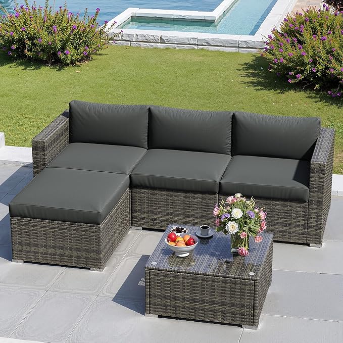 Outdoor Patio Furniture Set, Rattan Outdoor Sectional Furniture, Patio Conversation Sets for Balcony, Porch, Backyard, Deck, Garden, Beige