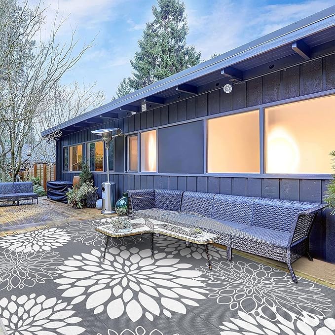 Ileading Reversible Outdoor Rug 8x10Ft Waterproof Patio Rug Carpet Portable Outdoor Plastic Straw Rug Large RV Camping Mat Rug for Patio, Clearance, Deck, Beach, Porch, Camping, Picnic, Grey