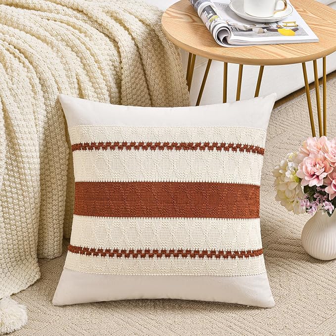 Fancy Homi Set of 2 Rust Boho Decorative Throw Pillow Covers 18x18 Inch for Couch Bed Sofa, Aesthetic Modern Organic Fall Room Decor, Soft Cotton Cute Terracotta Textured Farmhouse Cushion Case