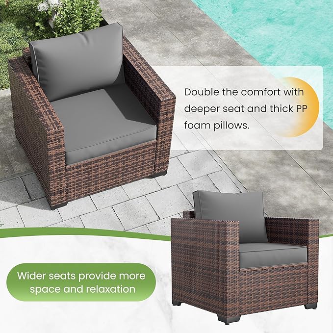 Amopatio Wicker Outdoor Sofa & Patio Couch Set - High Back Waterproof Patio Furniture Single Armrest Chair with Non-Slip Cushions, Outdoor Furniture Cover, Grey