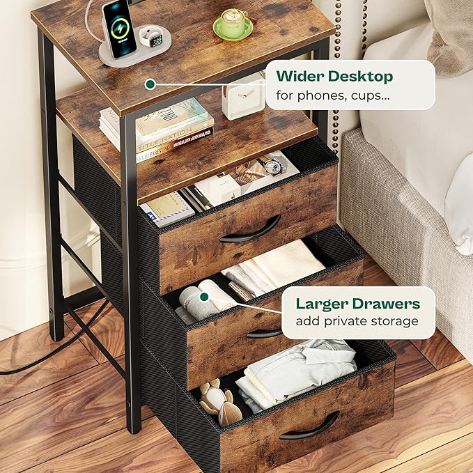 Huuger Night Stand with Charger Station and LED Lights, 3 Drawer Nightstand, Bed Side Table with Open Shelf, End Table, Tall Fabric Dresser for Bedroom, Rustic Brown