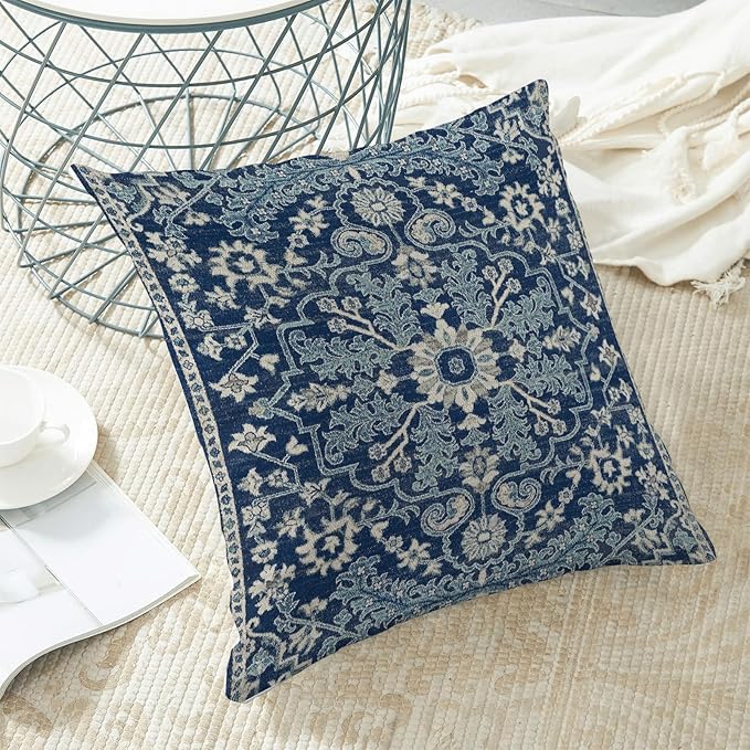 Blue White Boho Pillow Covers 20x20 Set of 2, Carpet Design Decorative Boho Throw Pillows Linen Farmhouse Bohemian Cushion Pillow Covers for Sofa Couch Outdoor Decor