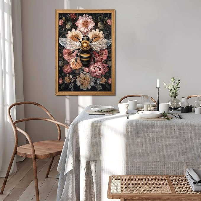 Framed Vintage 3D Textured Wall Art - Dark College Bee Flowers Wall Decor - Hand Drawn Sandstone Nature Botanical Pictures for Living Room Bedroom Home Decor 24x36in