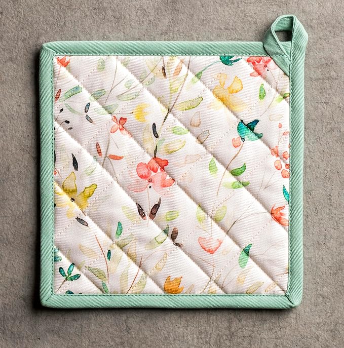 Maison d' Hermine 100% Cotton Oven Mitt & Pot Holder Set (7.5"x13" & 8"x8") Heat Resistant BBQ Cooking Gloves with Loop, Baking, Grilling, Kitchen, Handling Hot Pans Spring/Summer (Colmar)