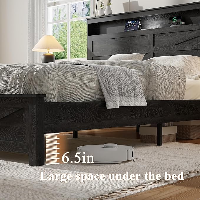Farmhouse Wooden Bed Frame Queen Size with Storage Headboard, Boho Platform Bedframe with LED Lights and Charging Station, Metal Slats Support, No Box Spring Needed, Black