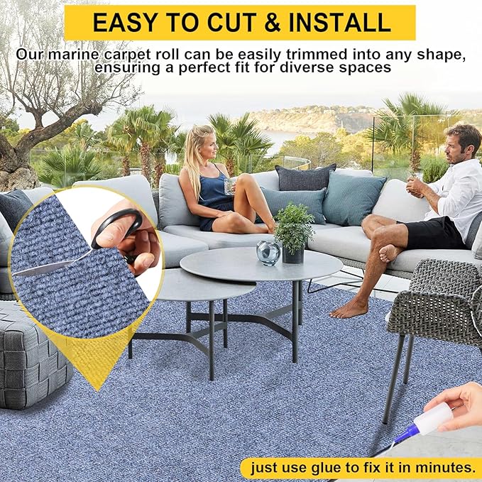 Marine Carpet,6 FT x 23 FT Blue-Gray Indoor Outdoor Carpet 0.2" Thick Boat Carpet with Water-Proof TPE Backing, Non-Slide Outdoor Marine Carpet Roll for Home, Patio, Porch, Deck