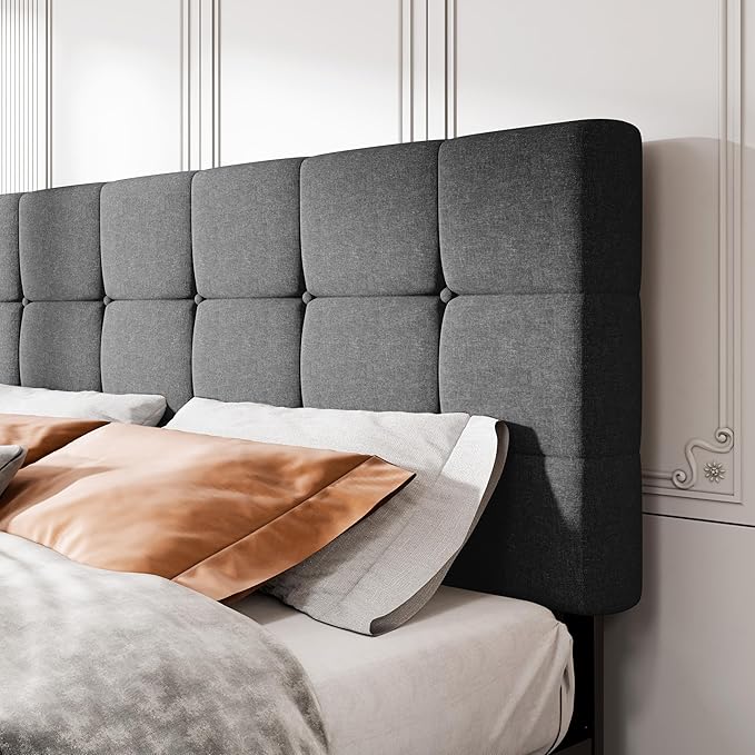 MUTICOR King Size Bed Frame with 4 Storage Drawers, Upholstered Platform Bed with Button Tufted Adjustable Headboard, No Box Spring Needed, Easy Assembly, Square Tufted, Dark Grey Fabric