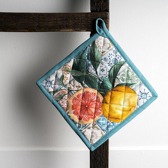 Maison d' Hermine Pot Holders Set 100% Cotton Heat Resistant Potholders 8" x 8" Hot Pads with Loop BBQ, Cooking, Baking, Grilling, Kitchen, Handling Hot Pans Spring/Summer (Pack of 2, Agrume)