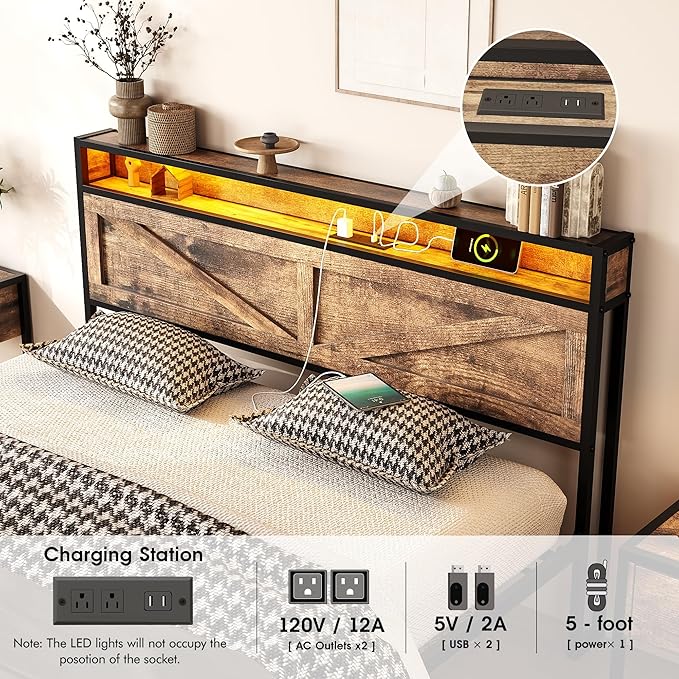 Vabches Full Size Bed Frame with Headboard and Charging Station, Brown Platform Bed Frame with Led Light, No Box Spring Needed, Noise Free Farmhouse Bedroom Set