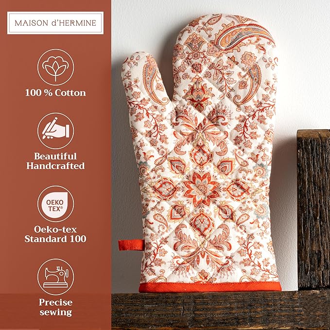 Maison d' Hermine Oven Gloves 100% Cotton Oven Mitt 7" x 13" with Loop Heat Resistant BBQ Cooking Gloves for Thanksgiving Christmas Decorations Baking Handling Hot Pans (Pack of 1, Cachemire)