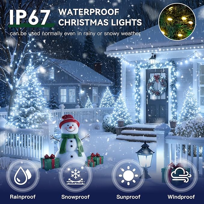 Outdoor Christmas Lights, 1200LEDs 393FT Christmas Tree String Lights, IP67 Waterproof 8 Modes Cold White Holiday Lights with Remote for House Yard Xmas Decorations