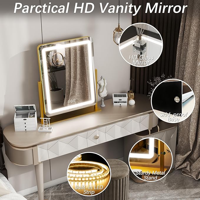 FENNIO Vanity Mirror with Lights 22 Inch- LED Lighted Makeup Mirror,Large Makeup Mirror with Lights,Touch Screen with 3-Color Lighting,Led Mirror Makeup,Dimmable(Gold)
