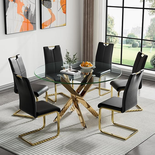 Goujxcy Round Dining Table Set for 6, Modern Glass Kitchen Table and Chairs Set of 6, 7 Piece Dining Room Table Set with 47" Circle Gold Metal Glass Dinner Tables and 6 Black Leather Dining Chairs