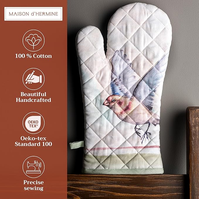 Maison d' Hermine Oven Gloves 100% Cotton Easter Oven Mitt Heat Resistant BBQ Cooking Gloves with Loop for Grilling, Microwave, Barbeque, Flying Birds Spring/Summer (Oven Mitt (7.5''''x13''''))