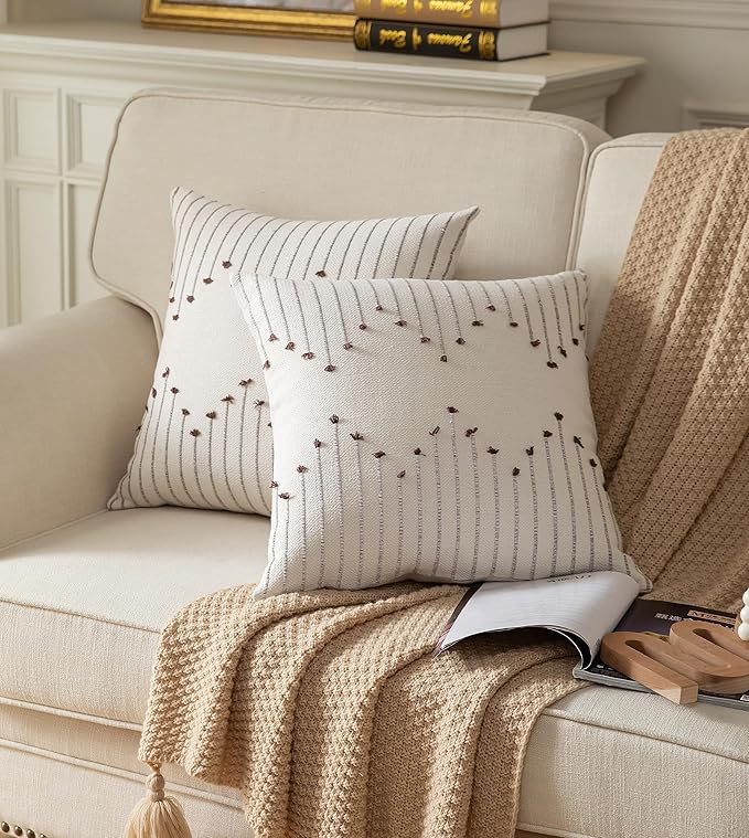 Boho Throw Pillow Covers 20x20 Set of 2 Decorative Pillows for Bed, Neutral Pillow Covers Beige with Coffee Line Throw Pillows for Modern Farmhouse Couch Sofa Living Room Outdoor