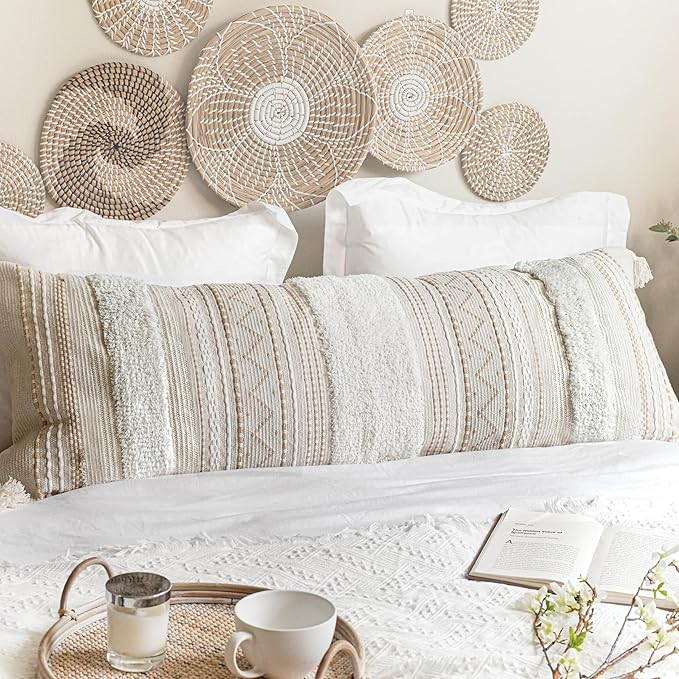 Large Body Pillow Cover for Bed 20x54 Boho Accent Oversized Long Pillowcase for Bedroom Neutral White Decorative Cushion Farmhouse Home Décor (Cover ONLY, Pack of 1)