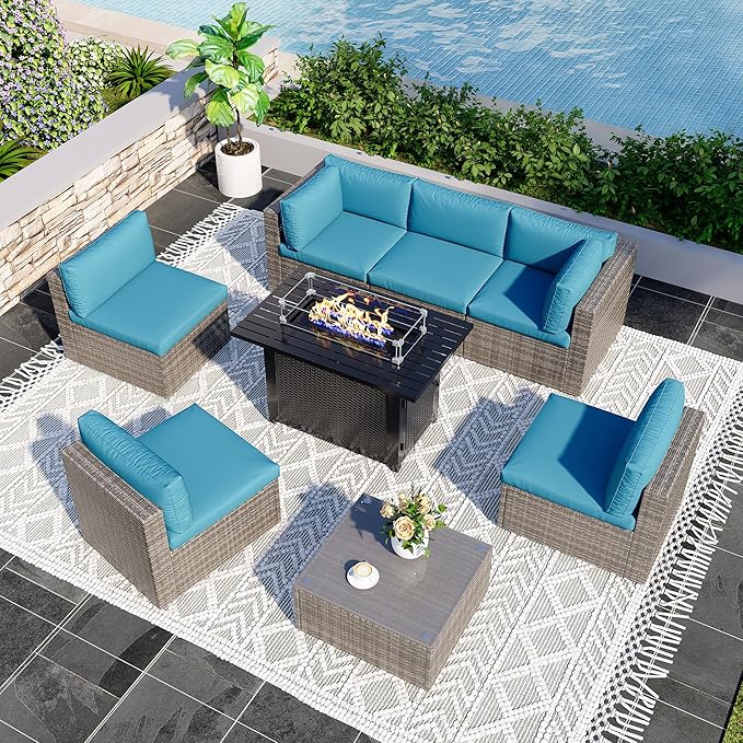8 Pieces Outdoor Patio Furniture Set with 43" Fire Pit Table, Wicker Outdoor Patio Sectional Sofas Coffee Table, All-Weather Patio Conversation Set with Cushions for Garden Backyard, Light Blue