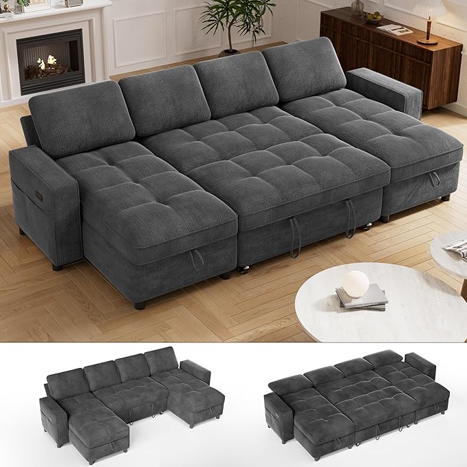 Vipbear Sleeper Sectional Sofa, 105" U Shaped Couch with Pull Out Bed, Convertible Chenille Cloud Sofa with Reclining Backrest | Double Storage Chaise | USB Ports | Tool-Free Assembly | Grey