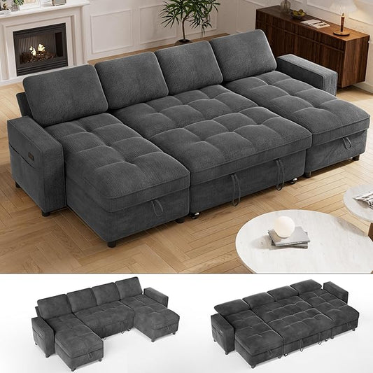 Vipbear Sleeper Sectional Sofa, 105" U Shaped Couch with Pull Out Bed, Convertible Chenille Cloud Sofa with Reclining Backrest | Double Storage Chaise | USB Ports | Tool-Free Assembly | Grey