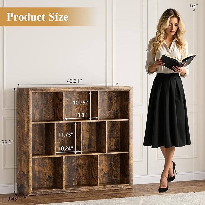 Book Shelf with 10-Cube, 43” Wide Bookshelf with Anti-Tip Device, 38” Tall Open Bookcase, Modern Display Organizer Book Case for Home Office, Entryway, Living Room, Bedroom, Study Room