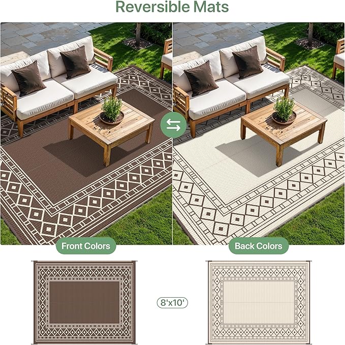 GENIMO Outdoor Rug Waterproof for Patio, 8'x10' Foldable Reversible Plastic Straw Carpet for Travel Trailers, Outside Area Mat for Rv, Deck, Picnic, Porch, Camper, Balcony, Beach, Coffee & Beige