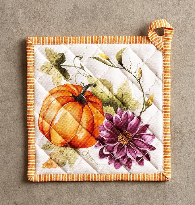 Maison d' Hermine Pot Holders 100% Cotton Heat Resistant Potholders 8" x 8" Hot Pads with Loop for Thanksgiving Christmas Decoration Baking Handling Hot Pans (Pack of 1, Pumpkin Garden - Cloudy Cream)