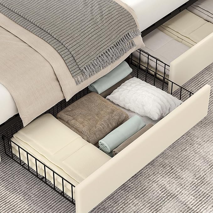 VECELO Full Size Upholstered Bed Frame with 4 Storage Drawers, Adjustable Velvet Rivet Decor Headboard, Wooden Slats Platform Support, No Box Spring Needed, Easy Assembly