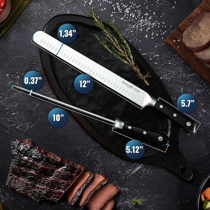 Cutluxe BBQ Knife Carving Set – 12" Brisket Knife & 10" Honing Rod, Butcher Knife Set for Meat Cutting – Ultra Sharp German Steel, Ergonomic Pakkawood Handles – Artisan Series