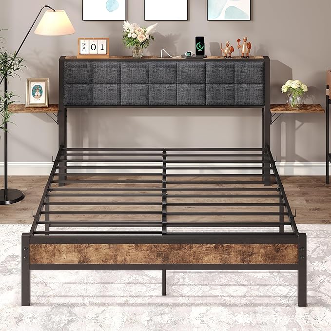 Queen Bed Frame with Headboard,Metal Platform Bed Frame Queen Size with Storage and USB Charging Station,Upholstered Bed Frames with Metal Slats/No Box Spring Needed/Under Bed Storage/Noise Free