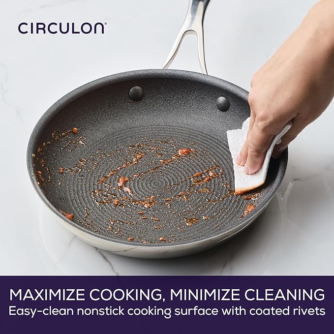 Circulon C1 Series Clad Stainless Steel with ScratchDefense Technology Cookware Nonstick Induction Frying Pans/Skillets with Lids, Metal Utensil Safe, 6 Piece Set - Polished Stainless Steel