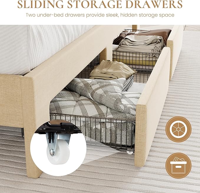 SHA CERLIN Queen Platform Bed Frame with Vertical Channel Tufted Wingback Headboard & 2 Storage Drawers/2-Tier Shelves with LED Lights & Charging Station/Noise-Free/No Box Spring Needed/Beige