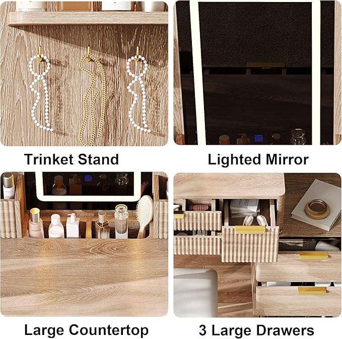 Casaphoria Vanity Desk with LED Mirror Lights, 4 Drawers & Jewelry Storage, Yellow Brown Makeup Dressing Table with Metal Legs and PU Stool for Bedroom Girls Women