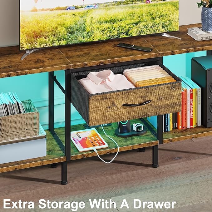 LED TV Stand with Power Outlet and Fabric Drawer for 55 50 45 Inches TV - Entertainment Center and Industrial TV Console Table for Living Room, Bedroom- 47" Rustic Brown