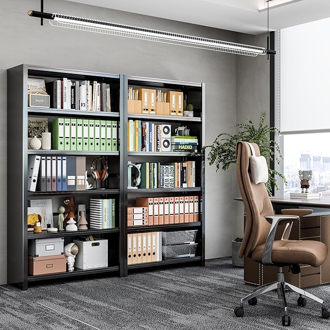 69.3" Tall Bookcase, Metal Bookshelf, Black 5-Tier Bookshelves and Bookcases, Heavy Duty Industrial Storage Shelves for Living Room, Office, Study, Home Library & Kitchen