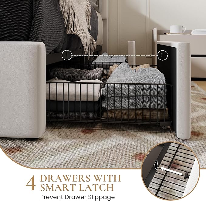 SHA CERLIN King Size Platform Bed Frame with 4 Storage Drawers, Vertical Channel Tufted Adjustable Headboard, Velvet Upholstered, Wooden Slats Support, No Box Spring Needed, Easy Assembly, White