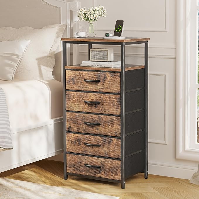 Huuger 5 Drawers Dresser with Charging Station, Dresser for Bedroom, Tall Night Stand, Chest of Drawers with Open Shelf, Bedside Table Nightstand, Fabric, for Entryway, Rustic Brown