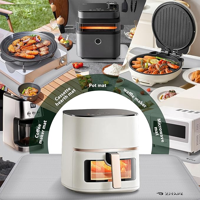 Heat Resistant Mat for Air Fryer Site - 23.6 x 15.7in, Fireproof Silicone Mats for Kitchen Counter, Heat Proof Mat, Non-slip & Waterproof for Deep Fryer, Oven, Coffee machine (Silver)