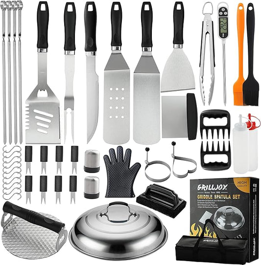 Grilljoy 46PC Griddle Accessories Set with Robust Plastic Handle, All-in-One Griddle Tools Kit for Flat Top Grills Teppanyaki Hibachi, Stainless Steel Grill Spatula Kit for Outdoor Camping Grilling