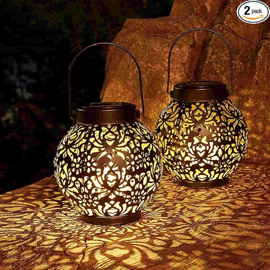 Set of 2 Solar Lantern Outdoor Hanging Decorative Lights for Garden Patio Porch Decorations. (Black)