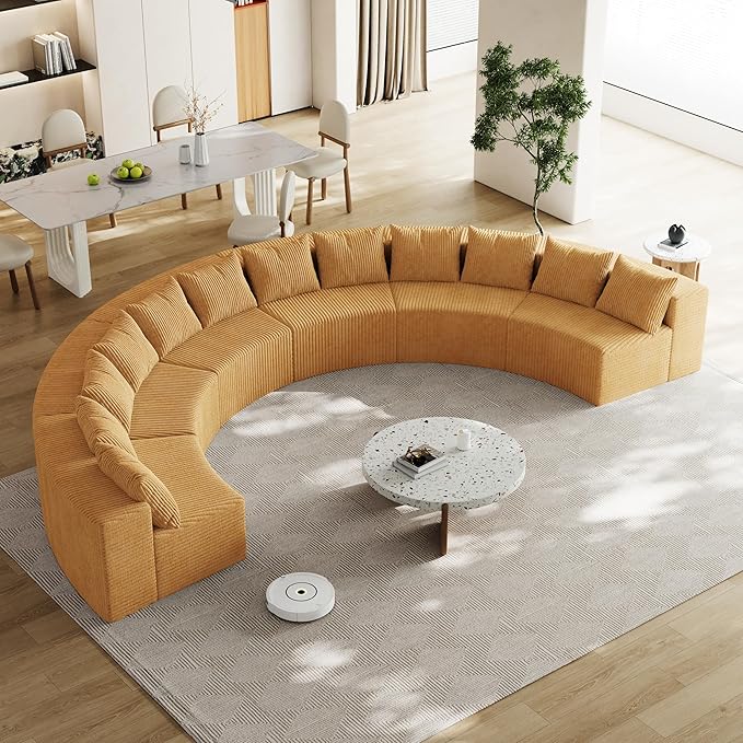 KEIKI Corduroy Curved Sectional Sofa, 6 Seater Symmetrical Modular Semi Circular Couch, Deep Seat Tufted Corner Sofa for Living Room, Lobby, Yellow