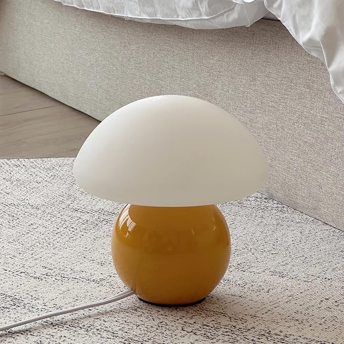Mushroom Lamp Ceramic Base,Yellow Cute 70s Mid Century Modern Decor Lamp for Bedroom,Small Abstract Table Bedside Glass Mood Coze Fun Warm Light
