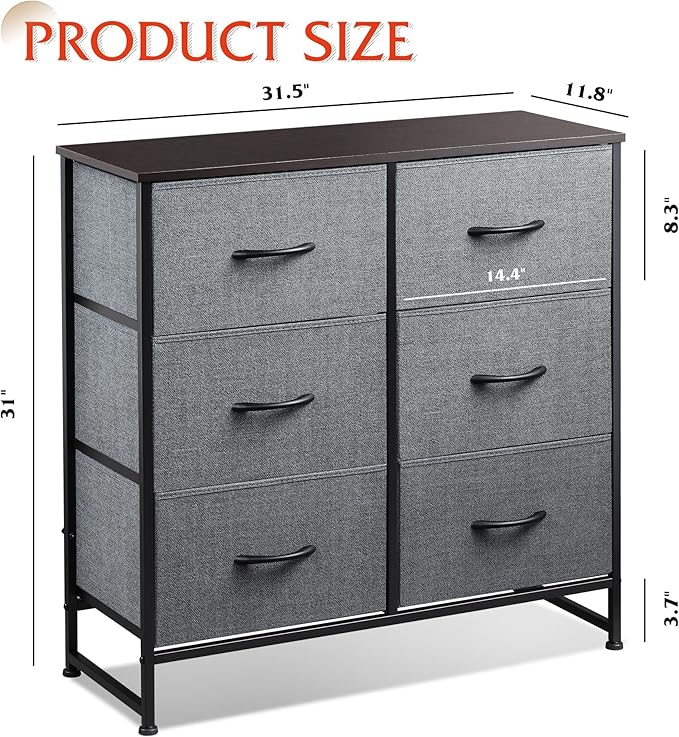 WLIVE Fabric Dresser for Bedroom, 6 Drawer Double Dresser, Storage Tower with Fabric Bins, Chest of Drawers for Closet, Living Room, Hallway, Dark Grey