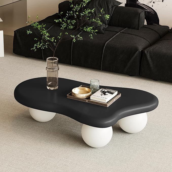 40 Inch Cloud Shaped Coffee Table with 3 Ball Legs for Living Room Black Top White Legs