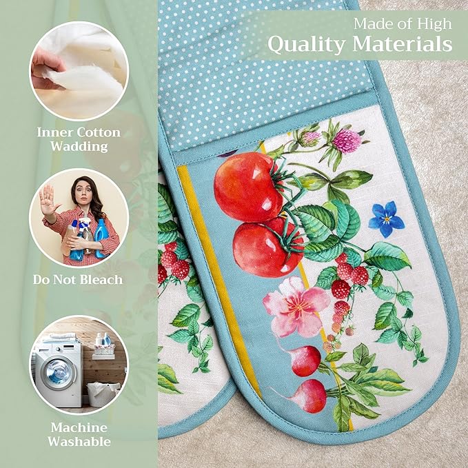 Maison d' Hermine Double Oven Mitts 100% Cotton 7"x35" Double Oven Mitt Heat Resistant BBQ Cooking Gloves with Loop, Baking, Grilling, Home, Kitchen, Handling Hot Pans Spring Summer (Giverny)