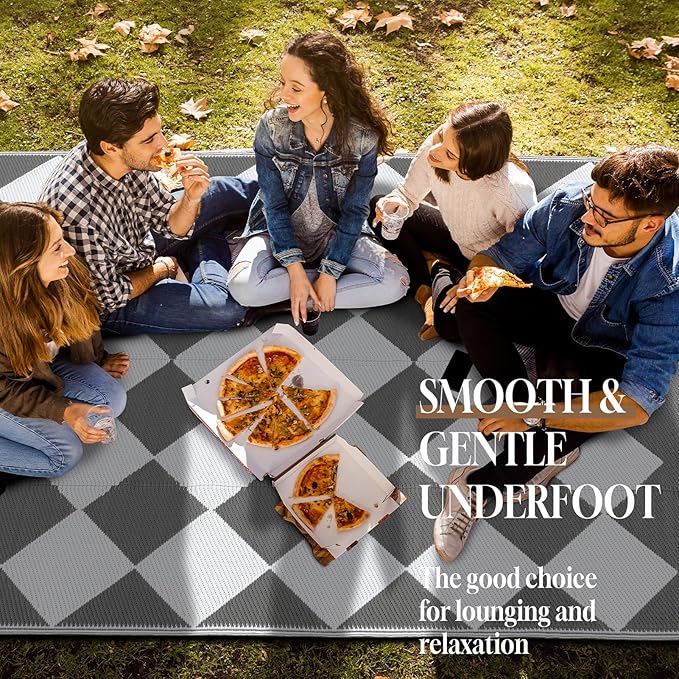 OMERAI Reversible Waterproof Outdoor Rug for Backyard,Plastic Textured Resistant Outdoors Rugs,Portable Washable Easy Cleaning Foldable Camping Beach Carpet for Patio Courtyard, 8'x10' Gray & White